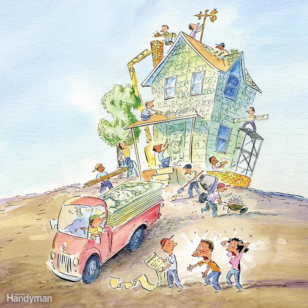 Illustration of a couple discussing a remodel with a contractor