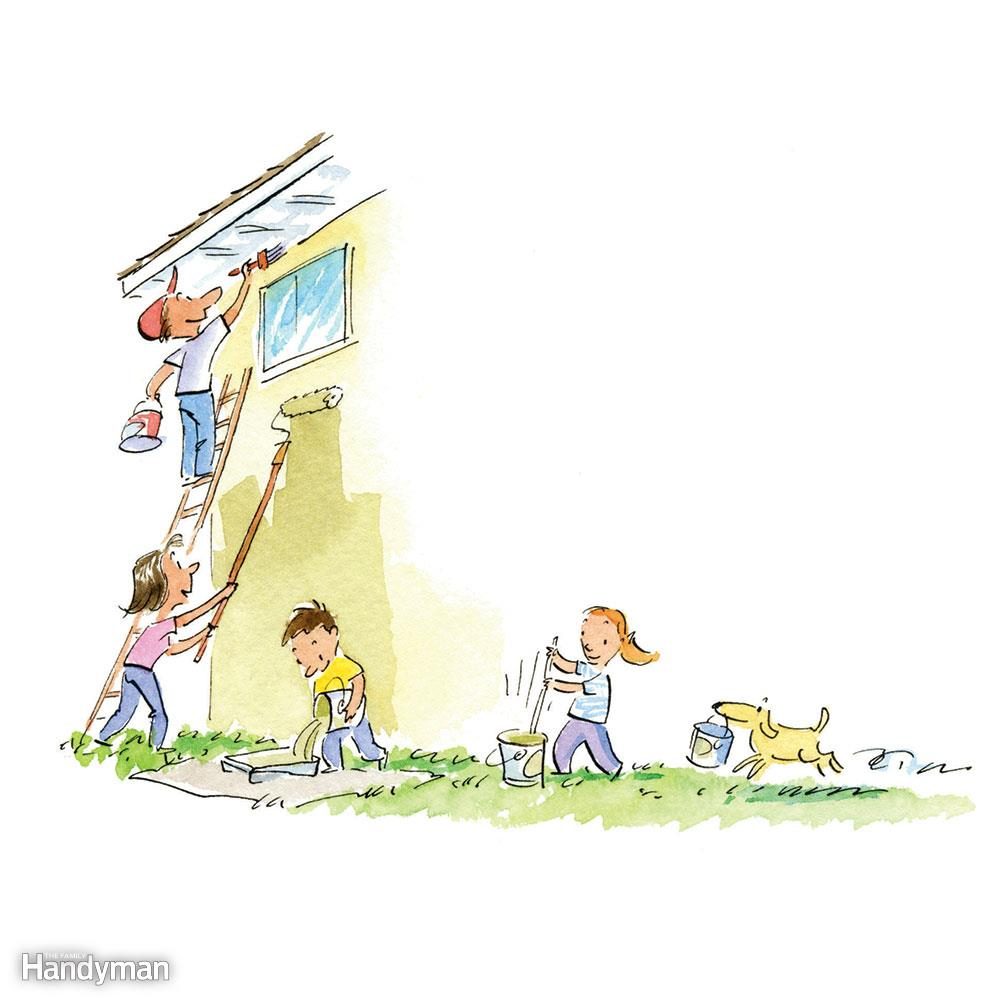 Illustration of family helping to paint a house