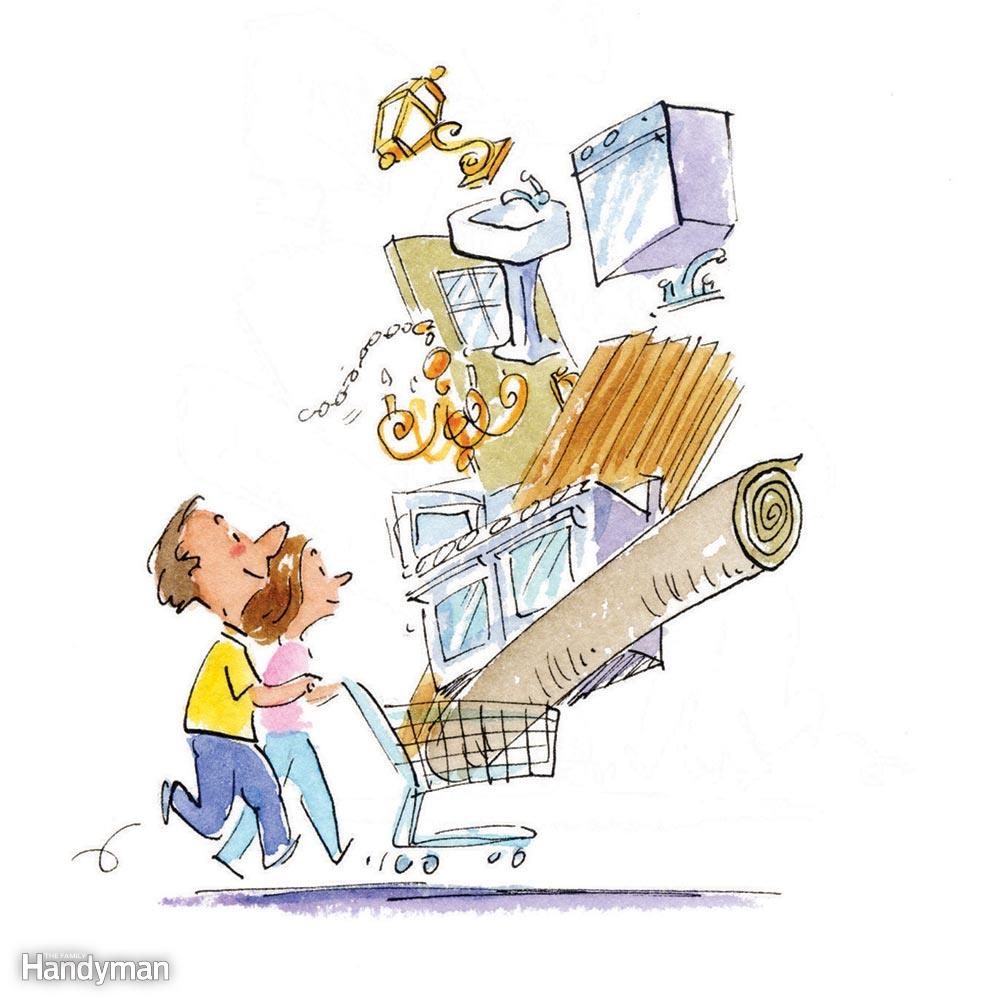 Illustration of a couple with a cart full of home renovation products
