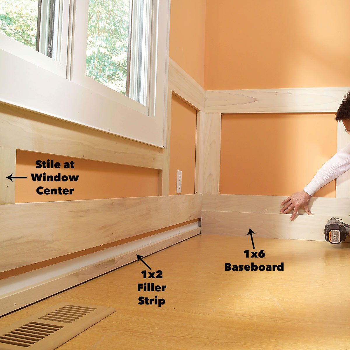 Nail the baseboard wainscoting