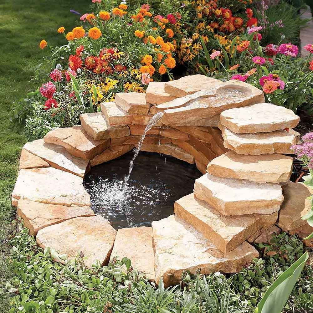 Stone-Lined Garden Pond with Fountain