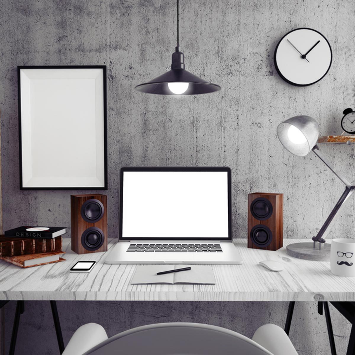 concrete basement office modern laptop computer speakers