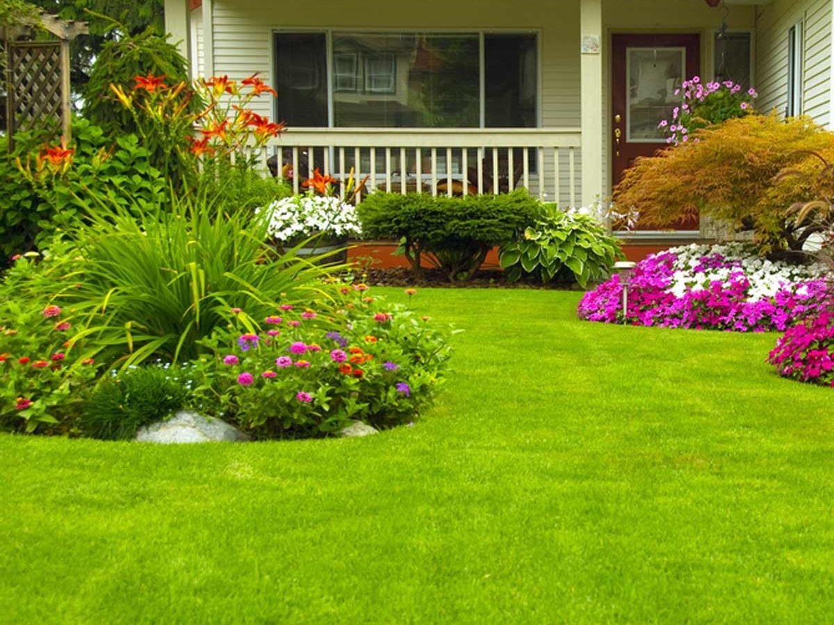 well manicured front lawn flowers landscape landscaping green grass porch