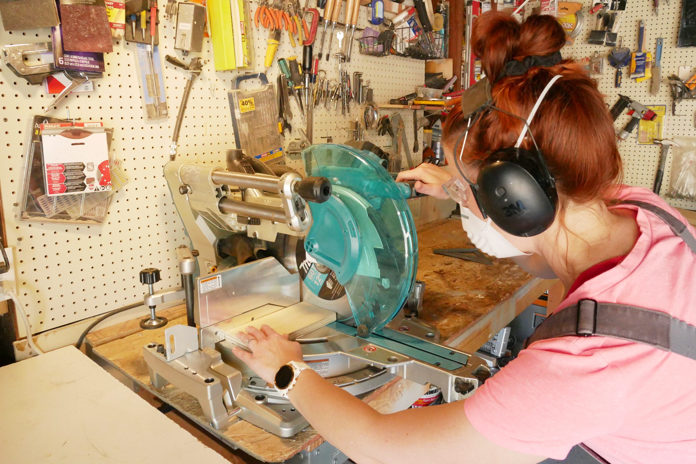 making first cut with miter saw