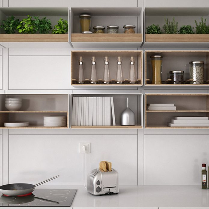 shutterstock_530497795 kitchen open shelving organization