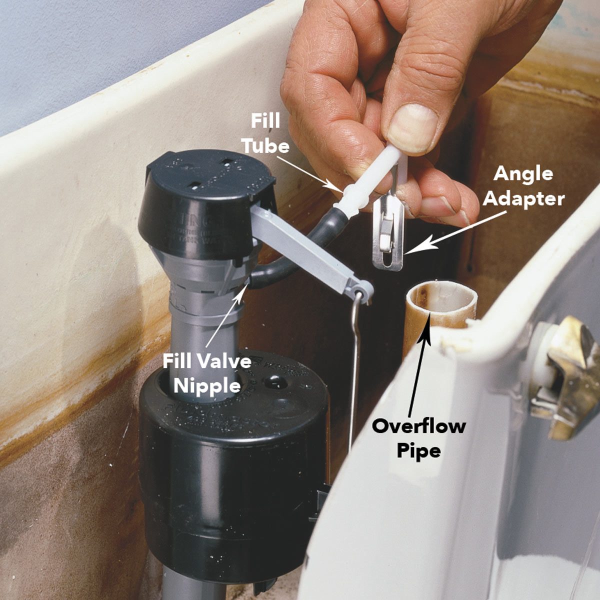 How to Fix a Running Toilet: Connect fill tube running toilet diagram