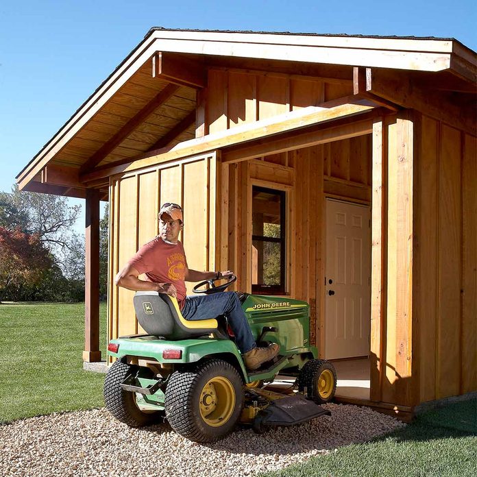 mower stored in shed