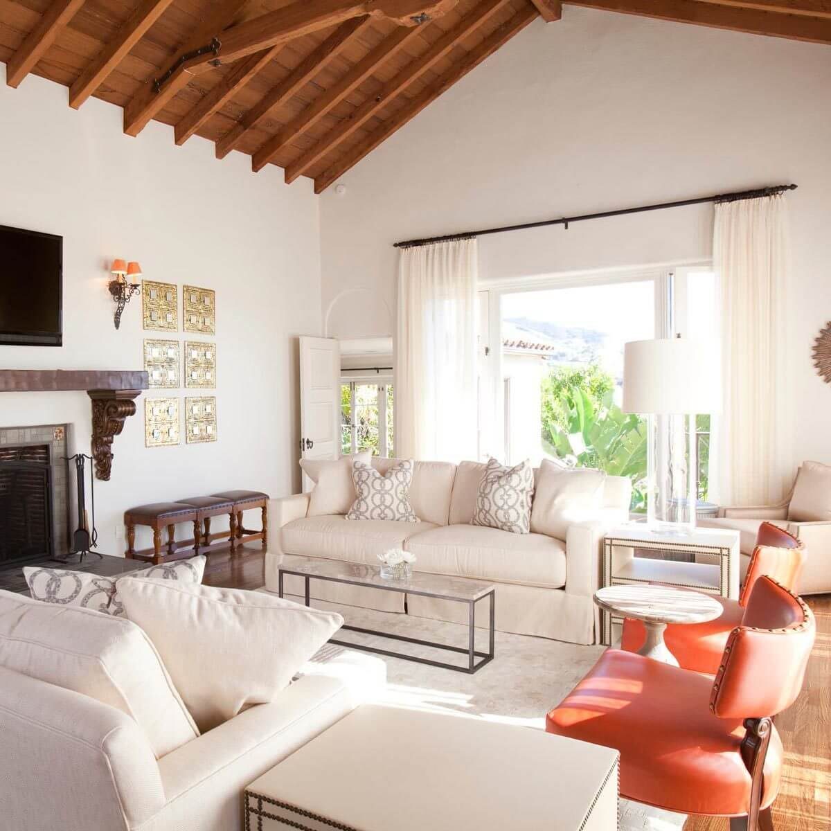 transitional style living room vaulted wood ceilings