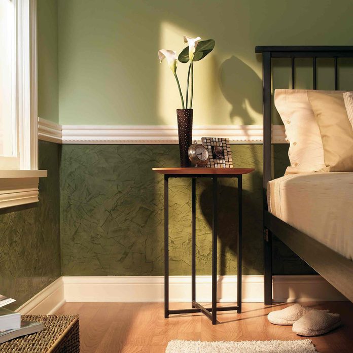 venetian wall plaster and chair rail molding bedroom