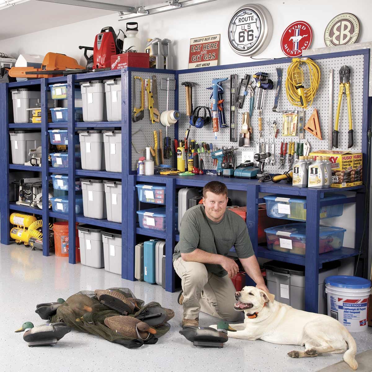 blue garage storage shelves