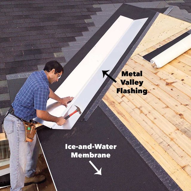 Install flashing in the roof valley