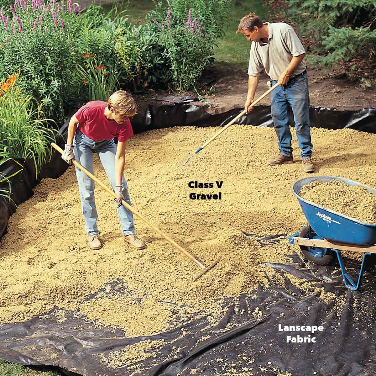 Spread landscape fabric and gravel