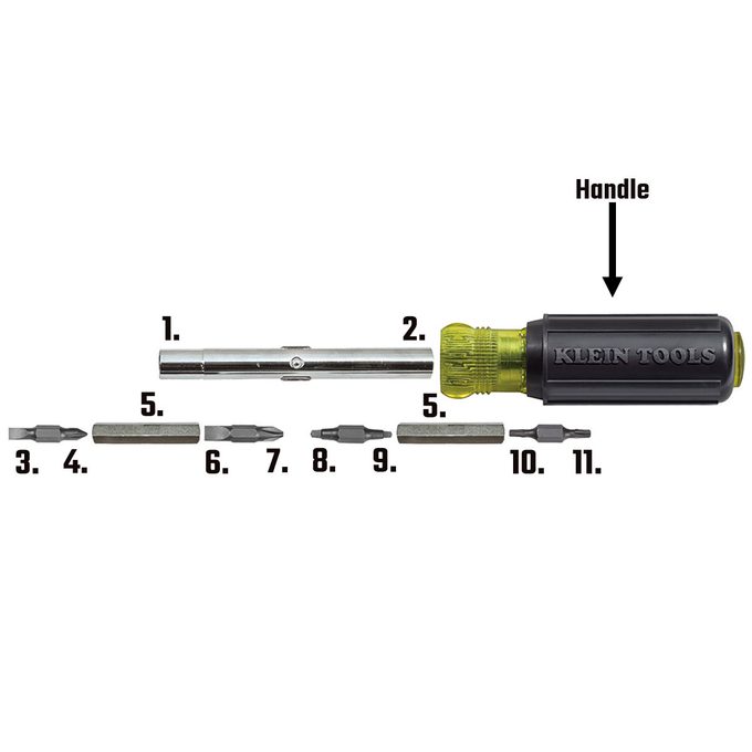 11-in-1 Screwdriver 11-in-1 screwdriver with parts labeled | Construction Pro Tips