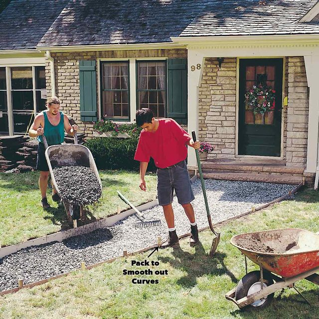 Spread gravel concrete sidewalk
