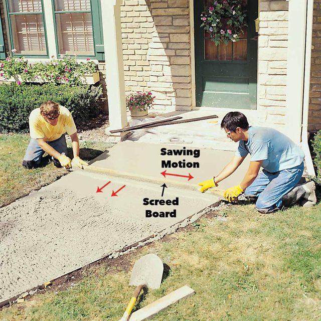 Level concrete sidewalk and flatten with a screed board