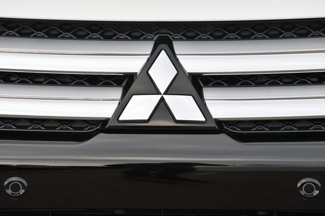Vilnius, Lithuania - May 18: Mitsubishi logotype on a car on May 18, 2018 in Vilnius Lithuania. Mitsubishi Motors Corporation is a Japanese multinational automotive manufacturer