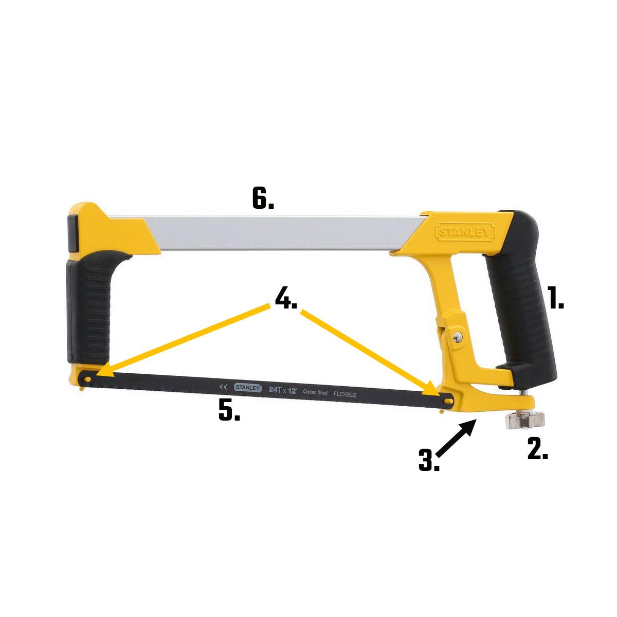 A hacksaw with all of its parts labeled | Construction Pro Tips