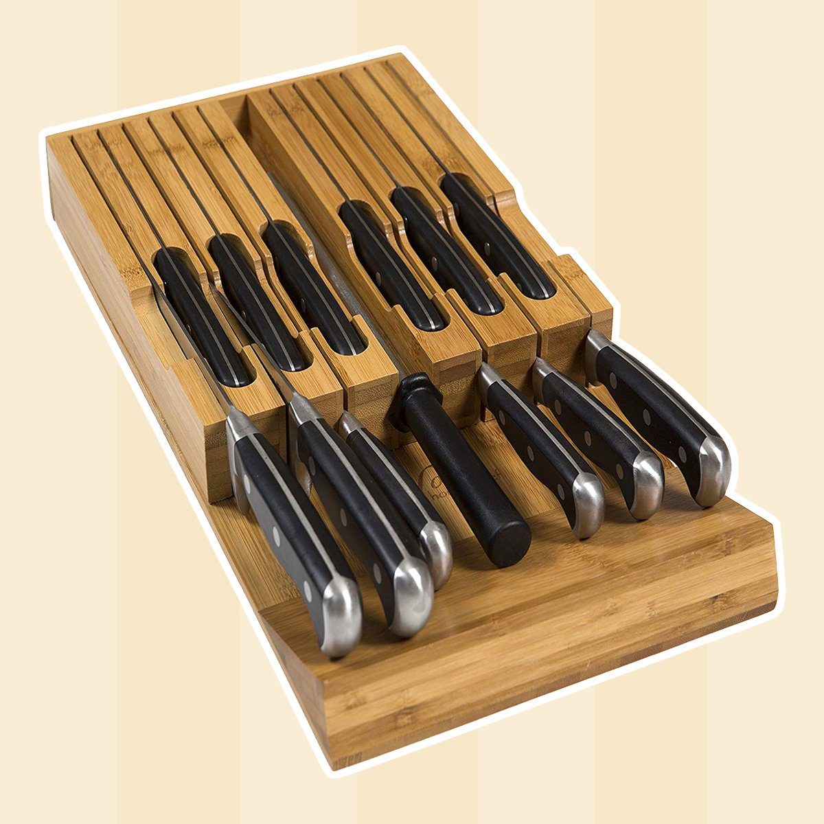 In-Drawer Bamboo Knife Block Holds 12 Knives (Not Included) Without Pointing Up PLUS a Slot for your Knife Sharpener! Noble home & chef Knife Organizer Made from Quality Moso Bamboo