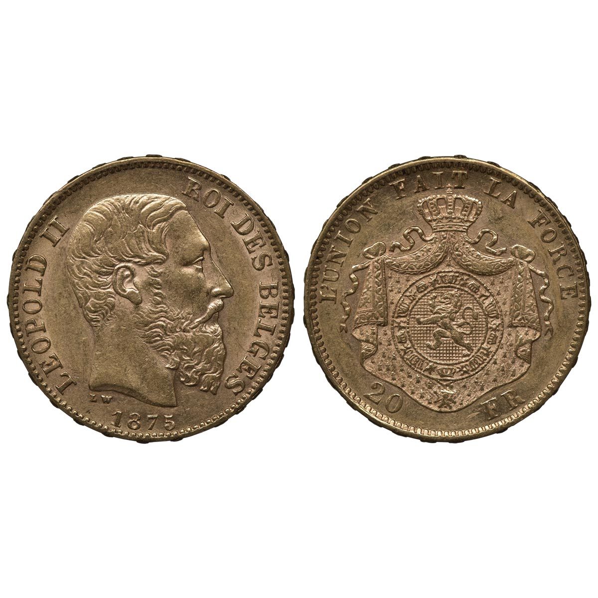 elgium Belgian golden coin 20 twenty francs 1875, head of King Leopold II right, coat of arms, lion surrounded by order chain in front of crowned mantle