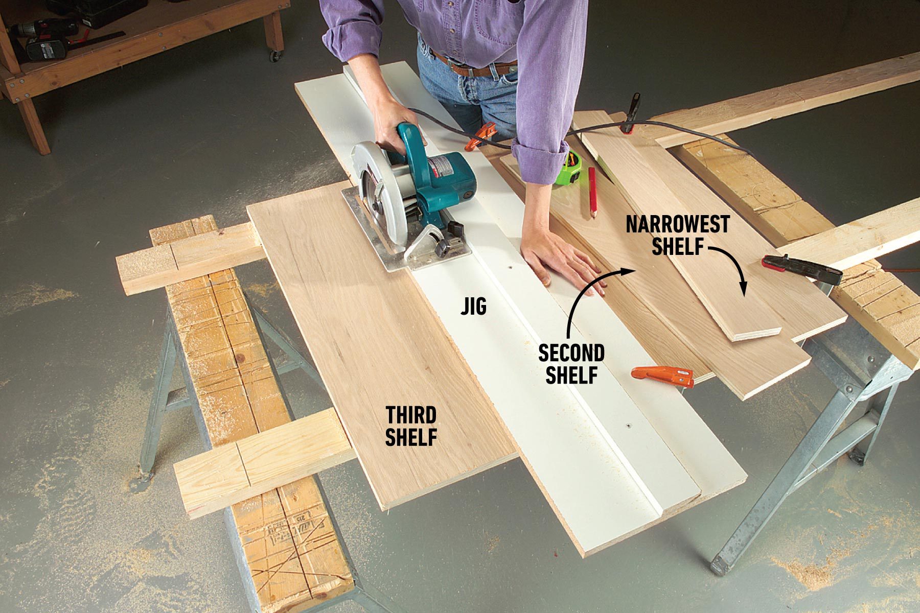 Cut the narrowest shelf first To Build A Ladder Shelf