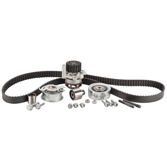 Repair kit: Timing belt with rollers, Tensioner pulley, Deflection pulley, Two rollers, Water pump and bolts isolated on white background. Automobile spare part