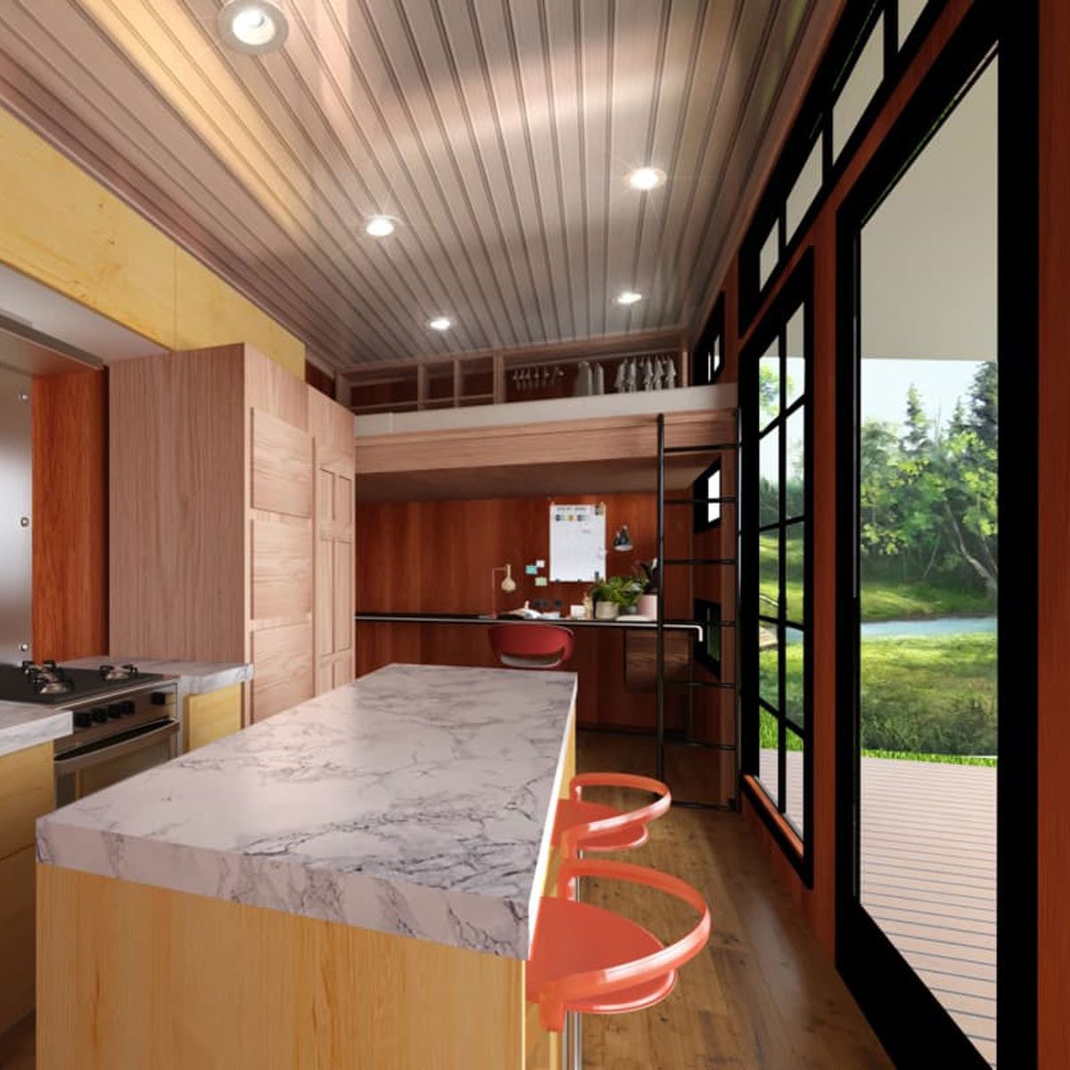 container home with lots of windows