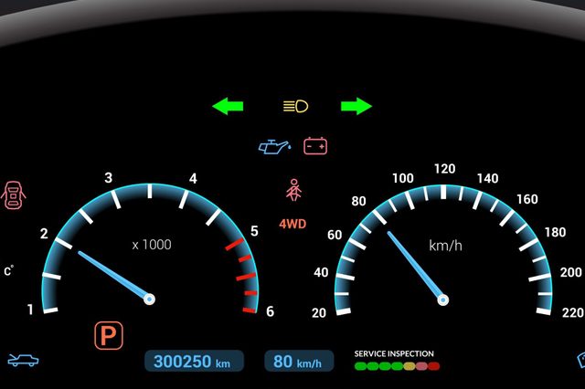 Car dashboard modern automobile control illuminated panel speed display vector illustration