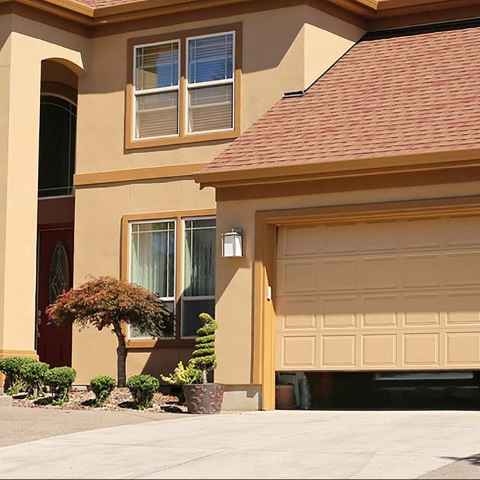 Open garage door in suburban family home
