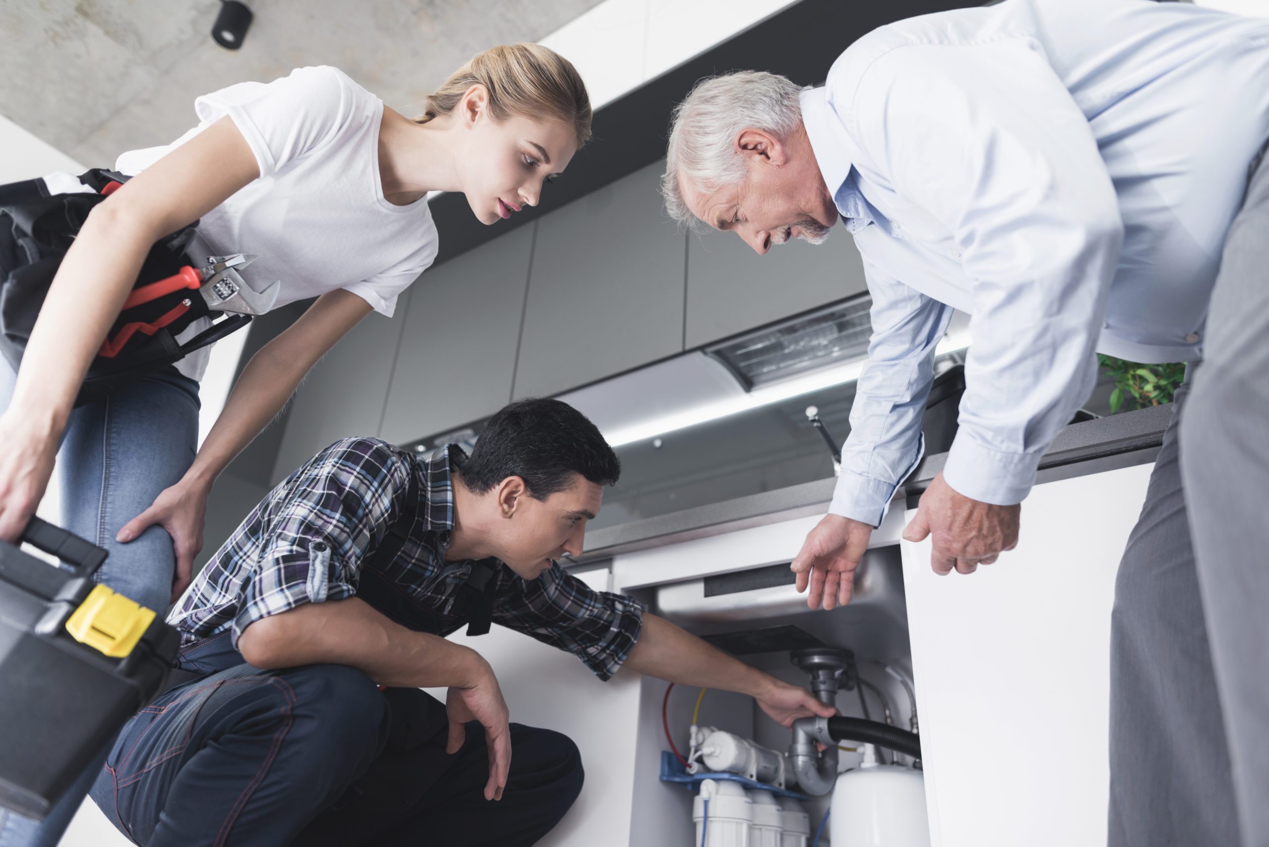 A man and a woman of sanitary engineering came to a call to an elderly man. He talks about the problem with the pipes. Young specialists inspect the place of the accident.