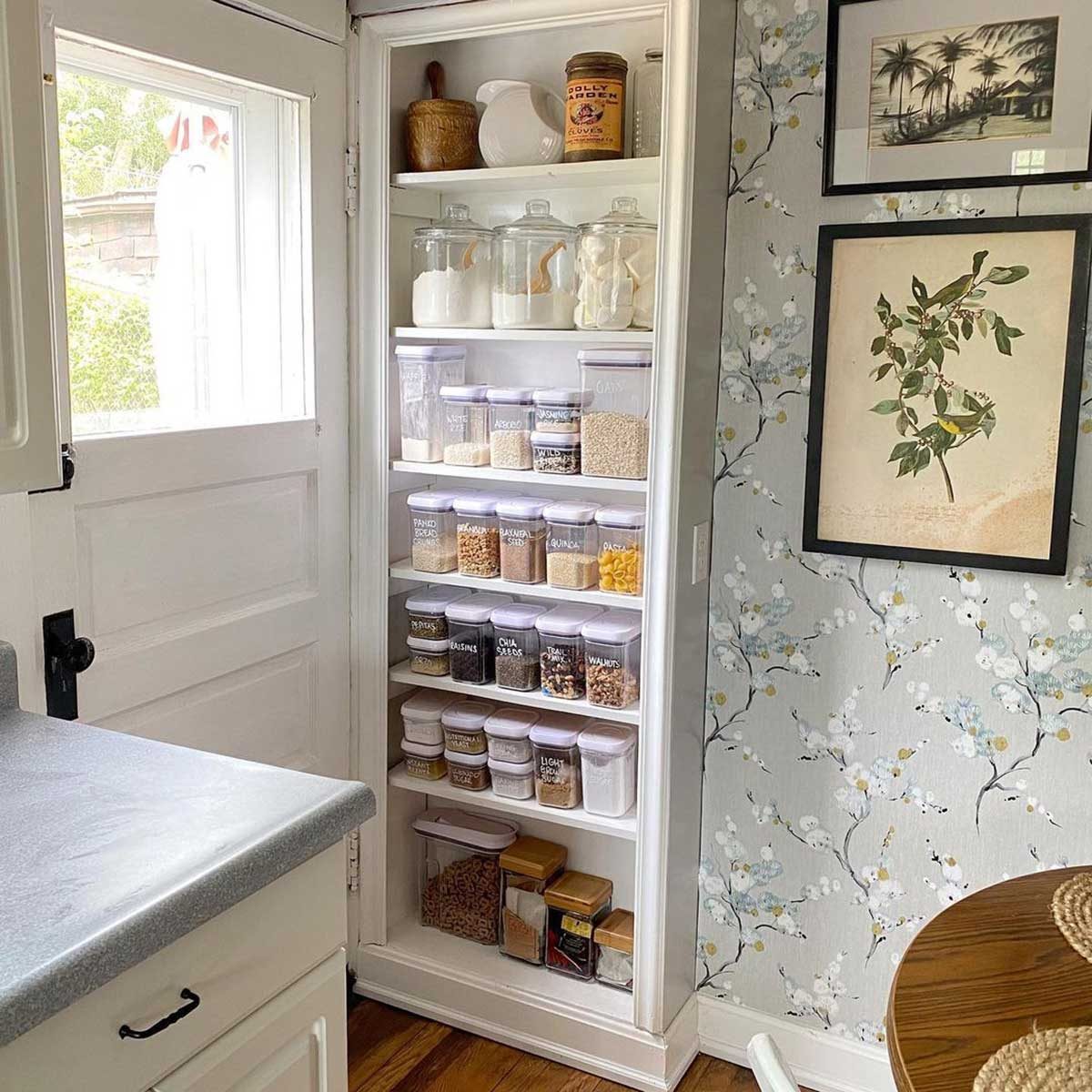 Kitchen with shelves behind the door