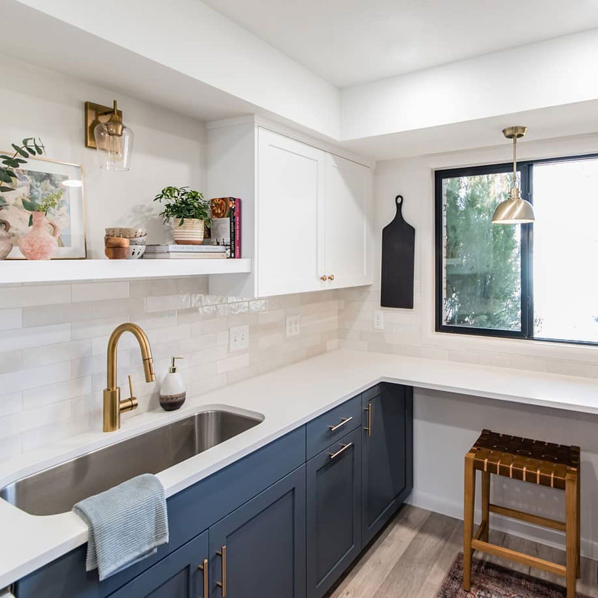 Kitchen with blue and white cabinets