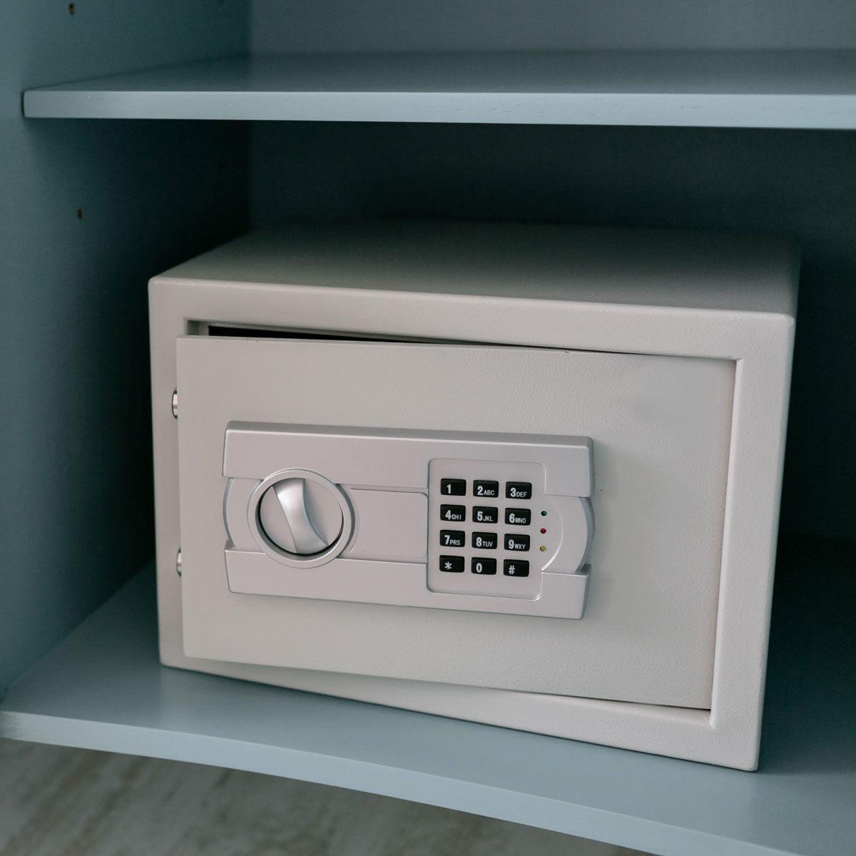 Keypad safe on a shelf