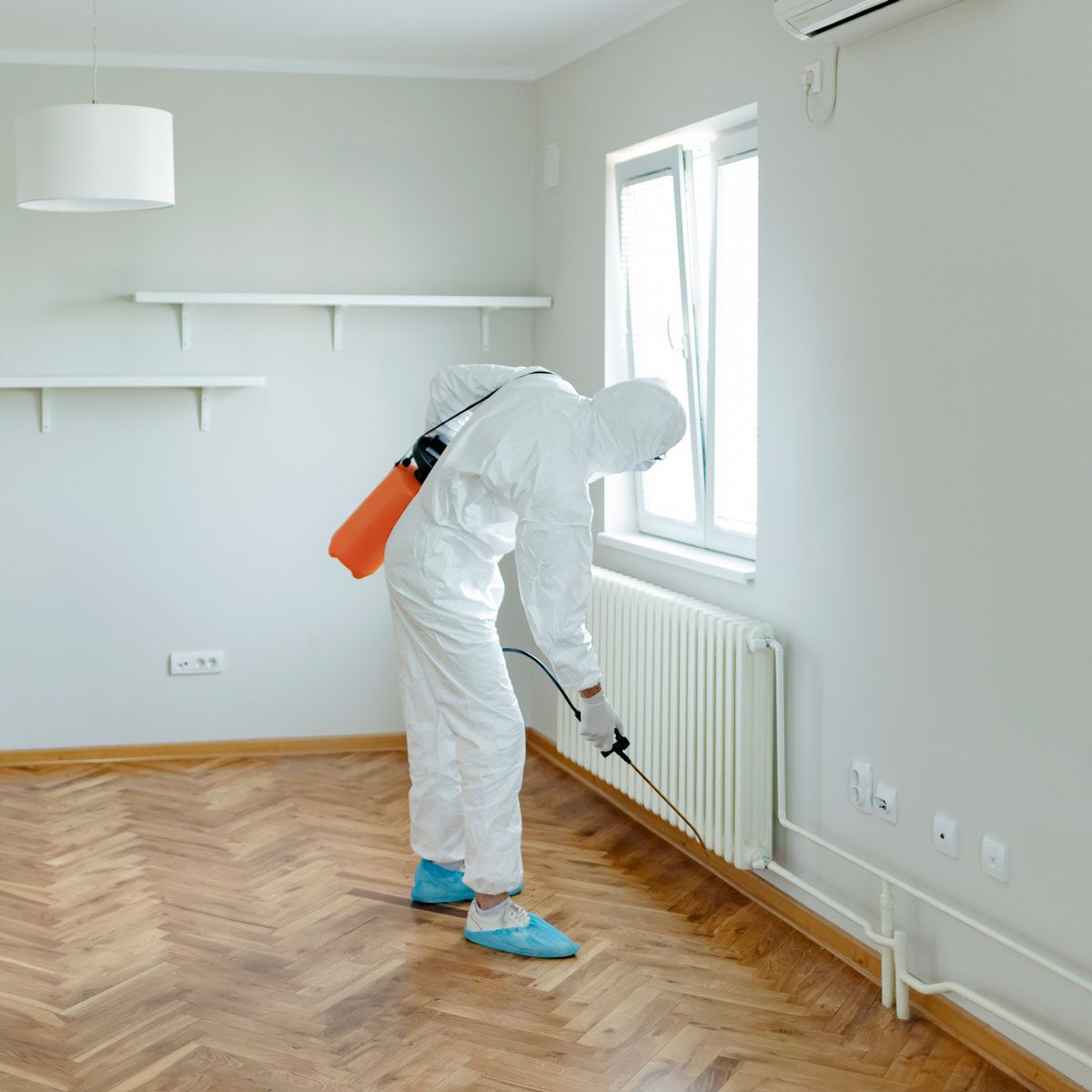 Exterminator spraying a home