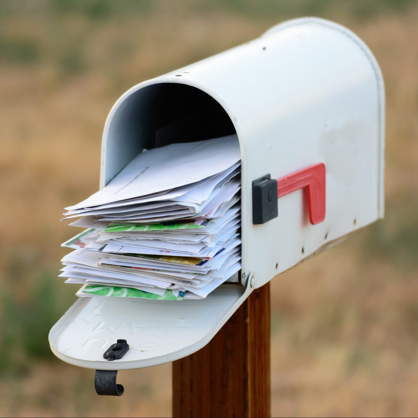 white mailbox open and overflowing with mail