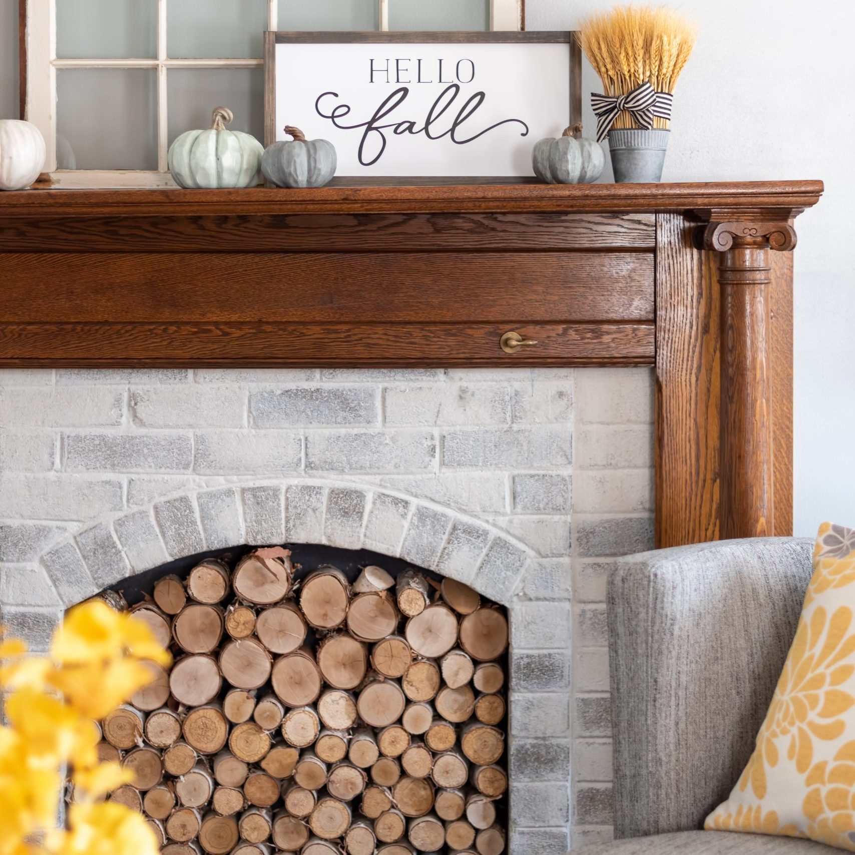 Hello fall sign on the mantel - autumn style for the home