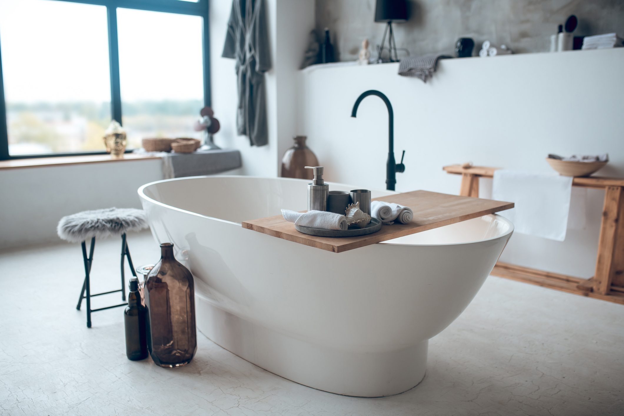 Modern nice bathroom with a big garden bathtub