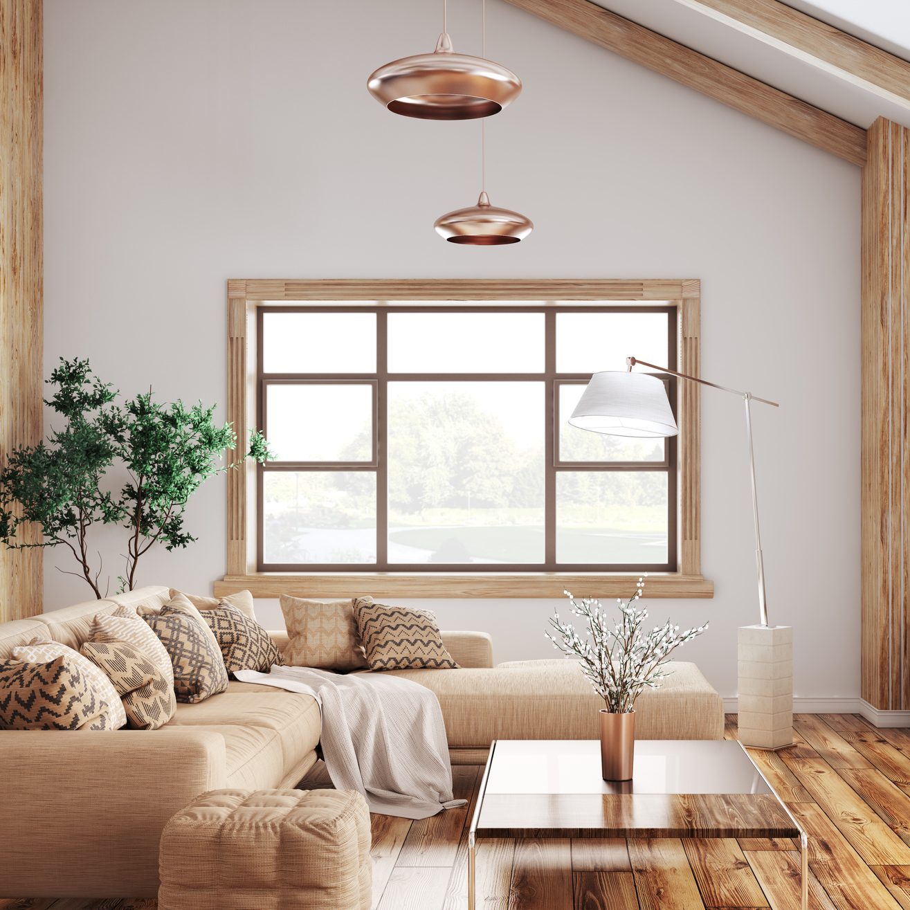 Interior of modern living room with fluted wood window trim