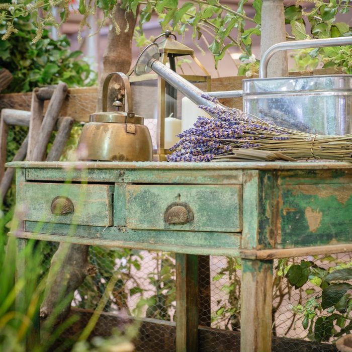 Old Style Wooden Green Table. Cottage Outdoor Garden Rustic Country Style Decoration.