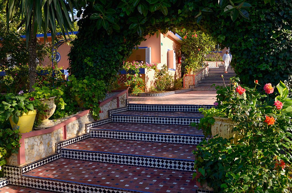 Tiled steps and tropical gardens at Hippocampe resort Oualidia Morocco