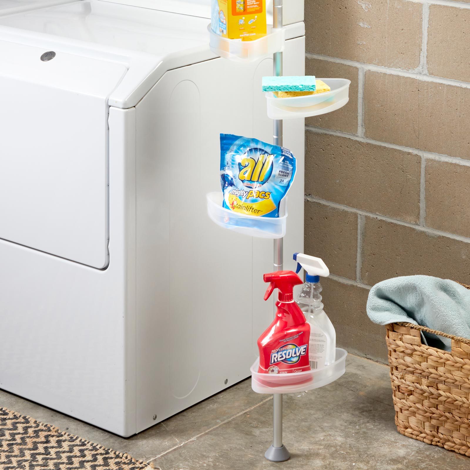 using a curtain rod for vertical storage in a laundry room