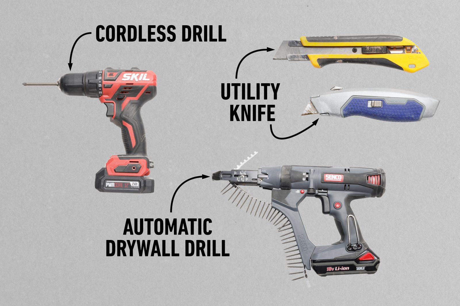 Fh22jun 618 10 009 005 004 Tools Include Automatic Drywall Drill Utility Knife And Cordless Drill Homeowner's Guide To Drywall