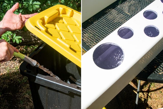 hands filling the plastic tote reservoir with water side by side another image showing the rails filling with water from the reservoir