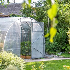 Greenhouse in backyard garden with open door for ventilation