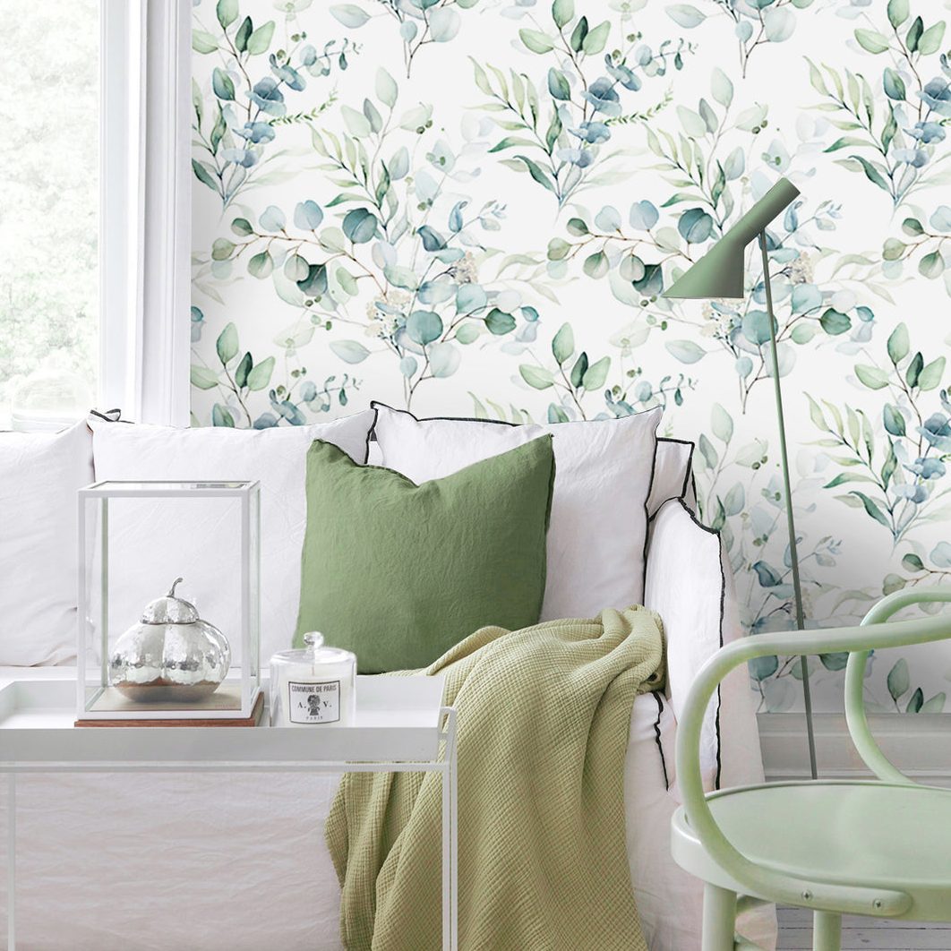 Watercolor Soft Green Eucalyptus Leaf Wallpaper Ecomm Via Haokhome.com