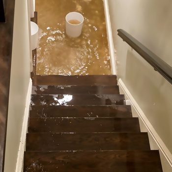 flood water flowing down staircase into house basement