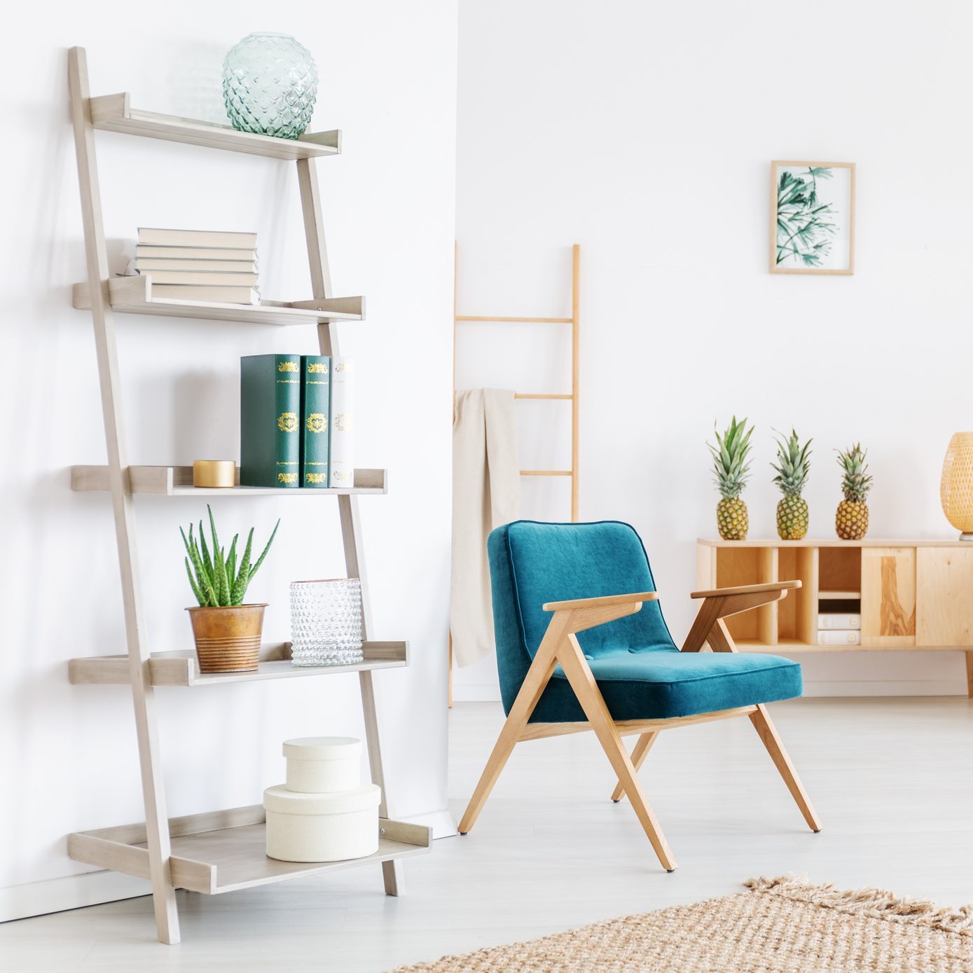 slanted bookshelf in a modern room