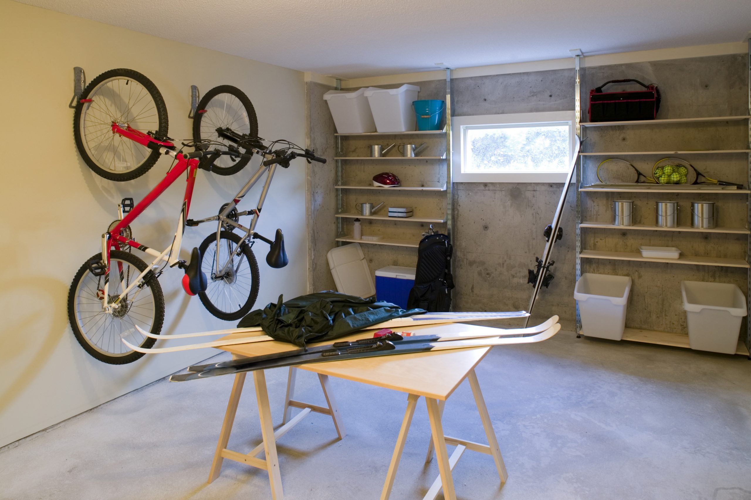 organized storage in a residential unfinished basement 