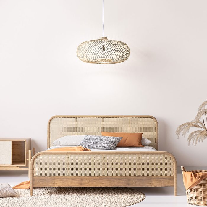 Wooden Bedroom Mockup In Beige Interior Background With Natural Wooden Furniture