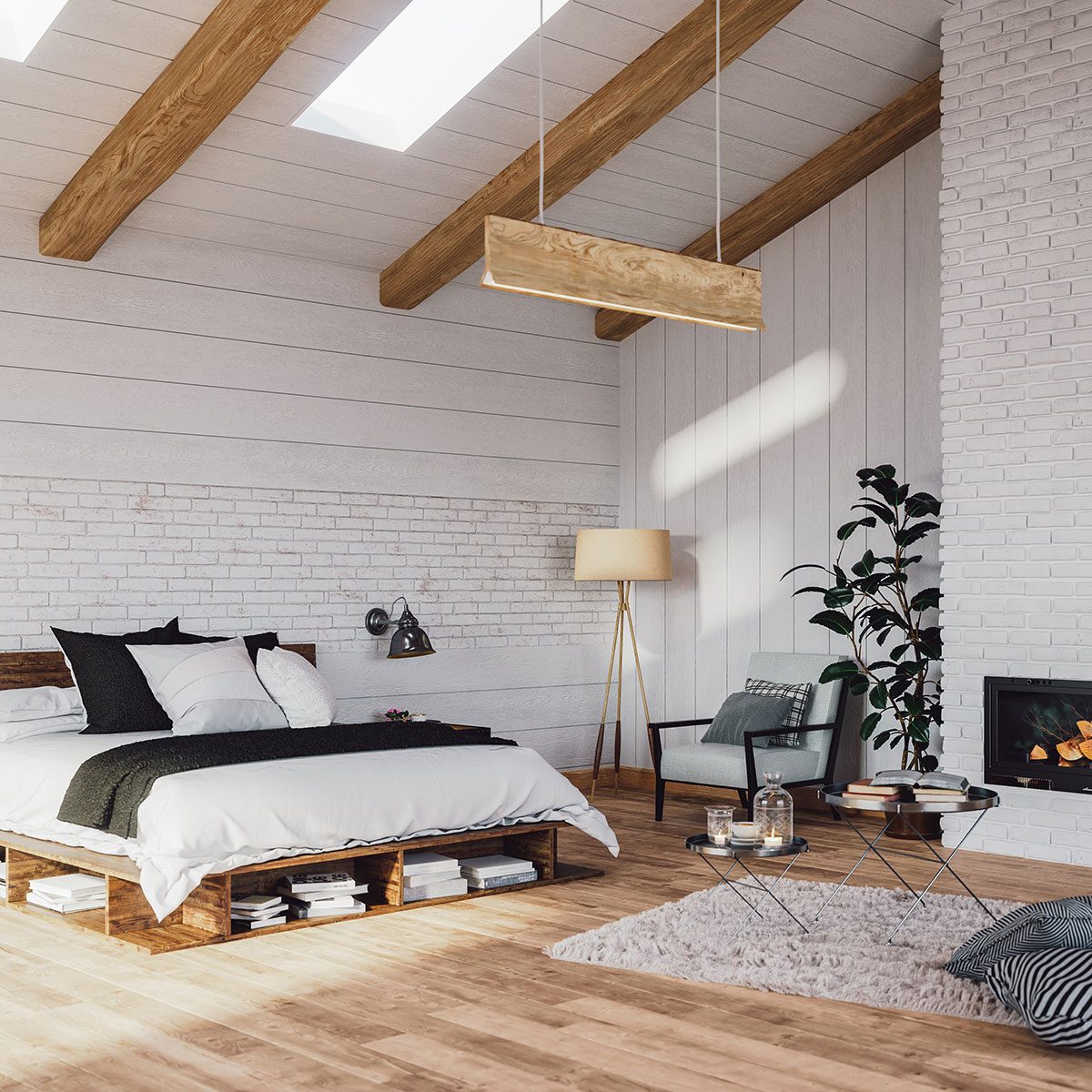 Scandinavian Bedroom In A Luxurious Cottage House