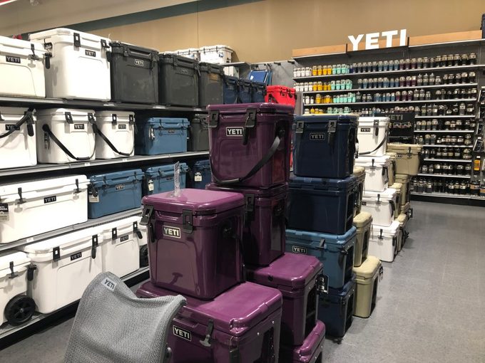 Yeti branded coolers and water bottles on display at Dicks Sporting Goods store, Queens, New York
